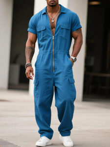 Men's Blue Multi-Pocket Zipper Cotton Short-Sleeve Jumpsuit