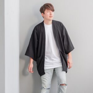 Men's Black Cotton Linen Japan Kimono Cardigan, Man Noragi Coat, Oversized Pockets Haori Jacket, Loose Style Yukata Robe Overcoat