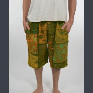 Stonewashed Mushroom Print Patchwork Shorts