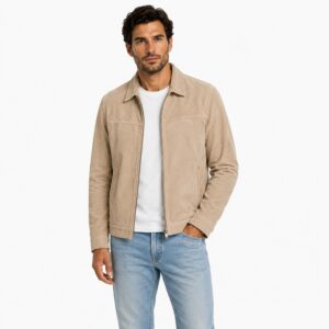 Men’s Beige Suede Leather Jacket Casual Zip Up Classic Lightweight Trucker Style Coat