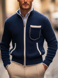 Men's Stand Collar Contrast Zipper Pocket Knit Cardigan