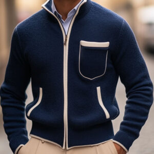 Men's Stand Collar Contrast Zipper Pocket Knit Cardigan