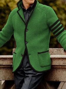 Contrast Lapel Single-Breasted Double-Pocket Casual Knitted Cardigan