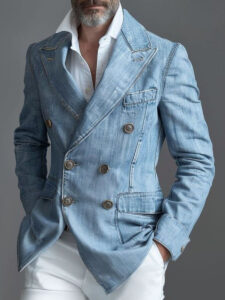 Men's Double Breasted Pocket Casual Denim Blazer