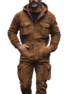 Men's Hooded Pocket Suede Vintage Long Sleeve Jumpsuit