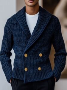 Men's Lapel Double Breasted Solid Color Knit Cardigan