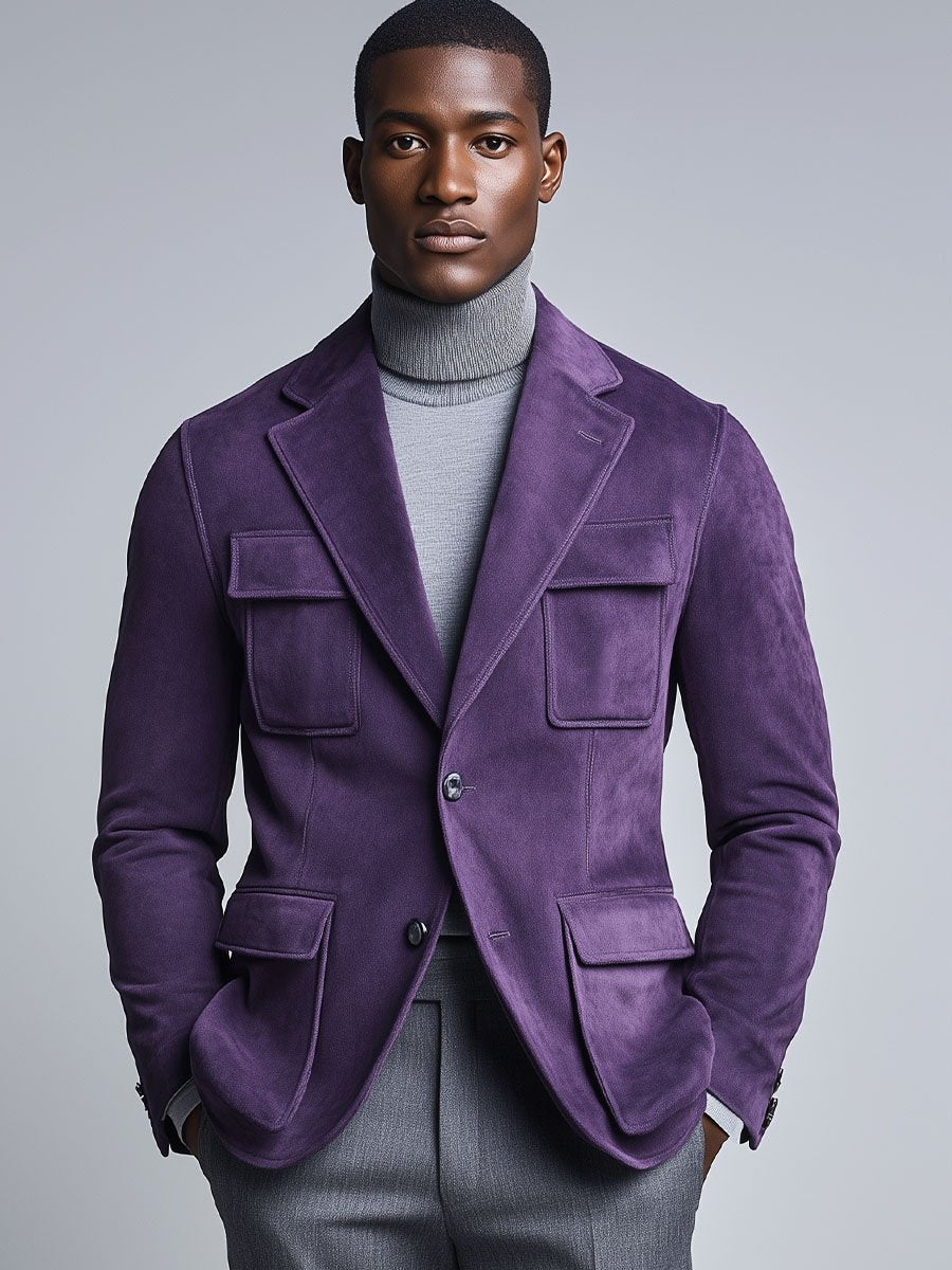 Men's Lapel Multi-Pocket Purple Suede Blazer