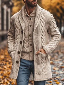 Men's Casual Lapel Mid-length Knitted Cardigan