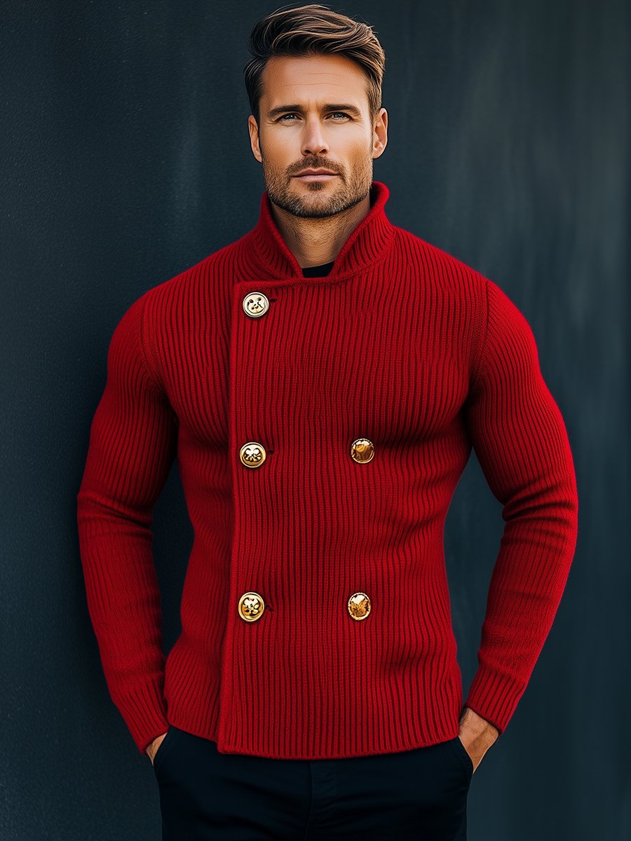 Vintage Red Stand Collar Double-breasted Knitted Cardigan